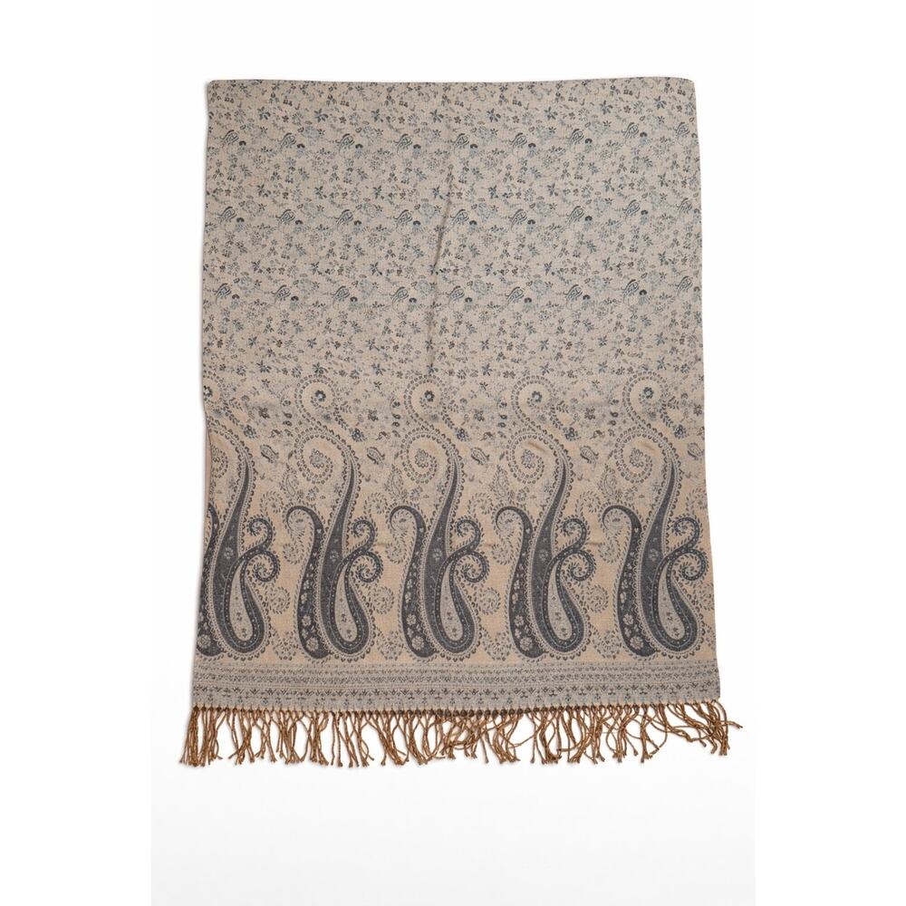 Boho Chic Vintage Paisley Scarf – Neutral Tan & Charcoal Pashmina Wrap – Large